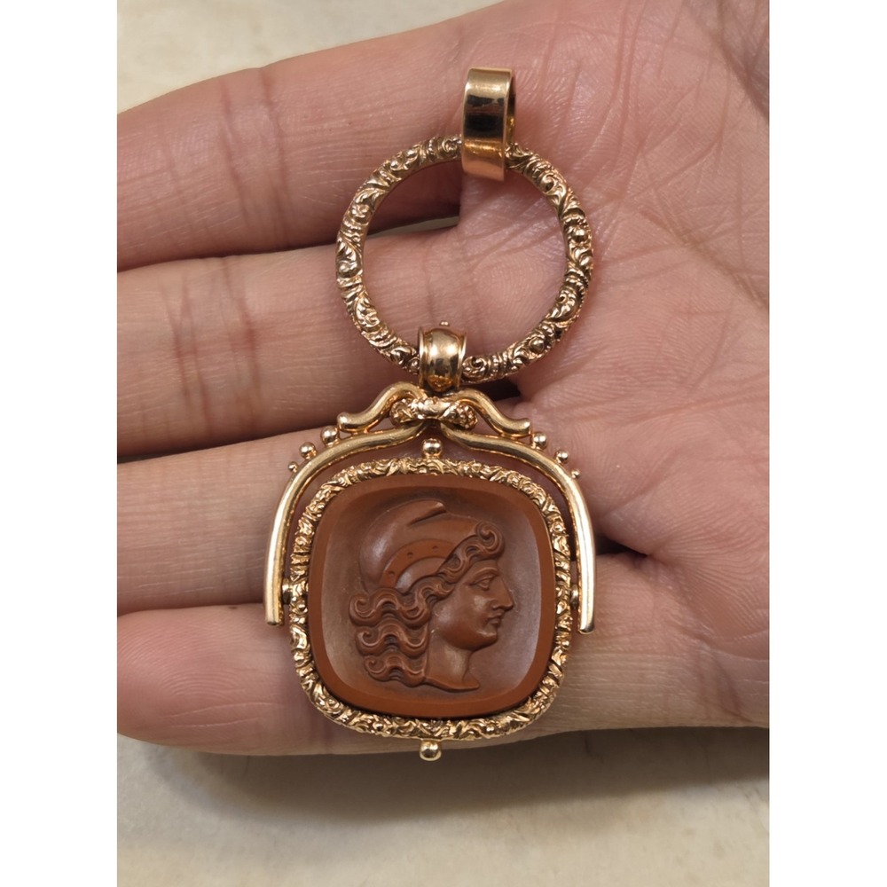 Rare Antique LARGE Victorian 14K Gold ATHENA Godess Intaglio Fob Pendant